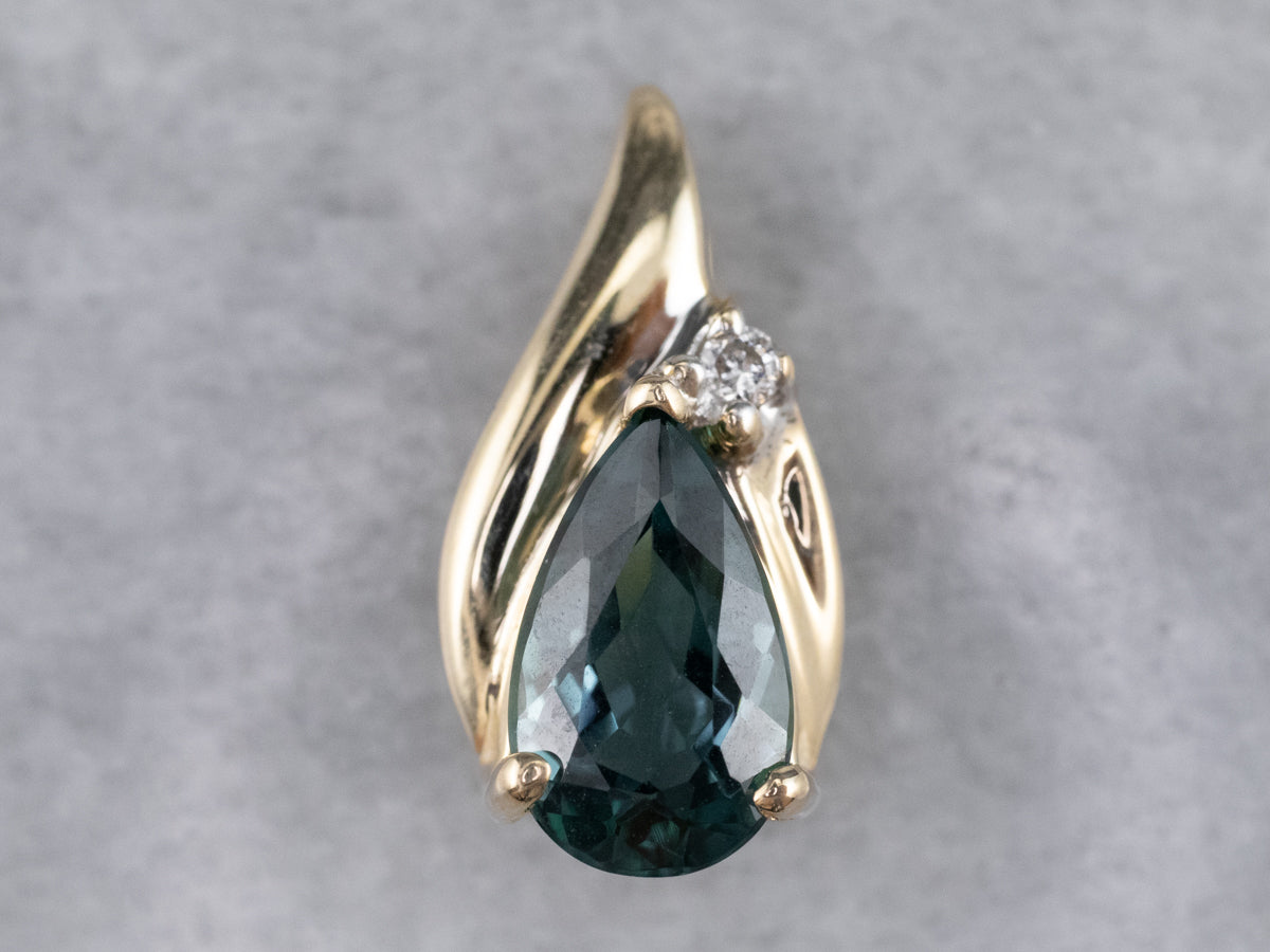 14K Yellow Gold Contemporary Green-Blue Tourmaline and Diamond Accent Pendant