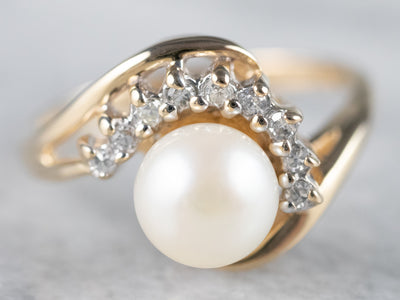Gold Pearl and Diamond Bypass Ring