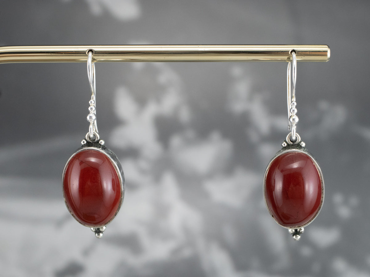 Sterling Silver Sphere Detail Red Jasper Oval Solitaire Drop Earrings