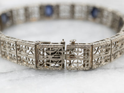 Art Deco Synthetic Sapphire Cabochon Link Bracelet