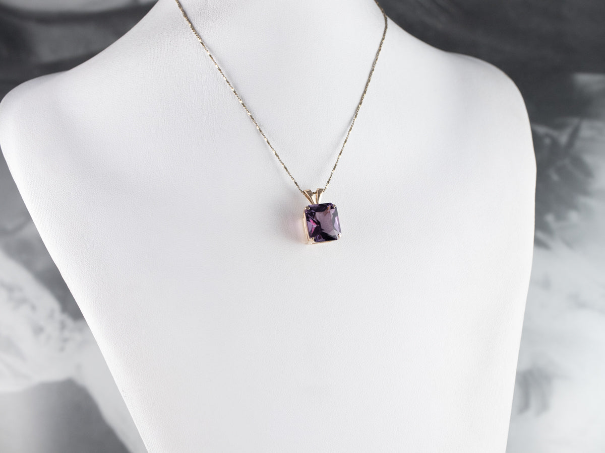 14K Yellow Gold Emerald Cut Amethyst Solitaire Pendant