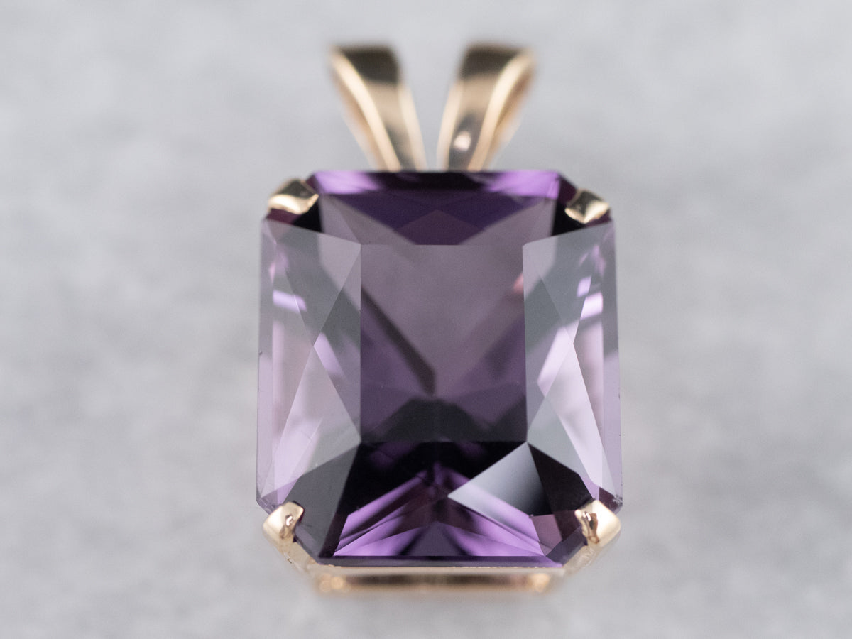 14K Yellow Gold Emerald Cut Amethyst Solitaire Pendant