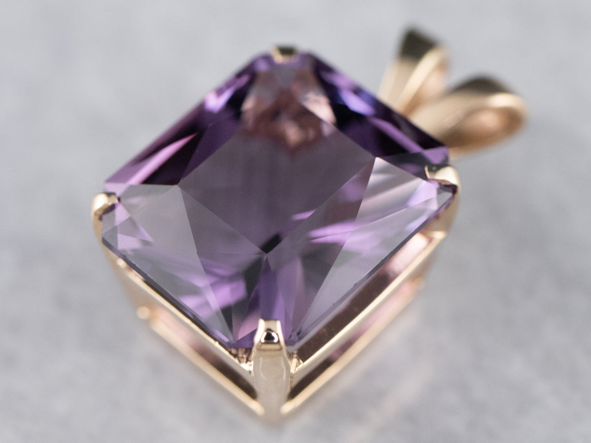 14K Yellow Gold Emerald Cut Amethyst Solitaire Pendant