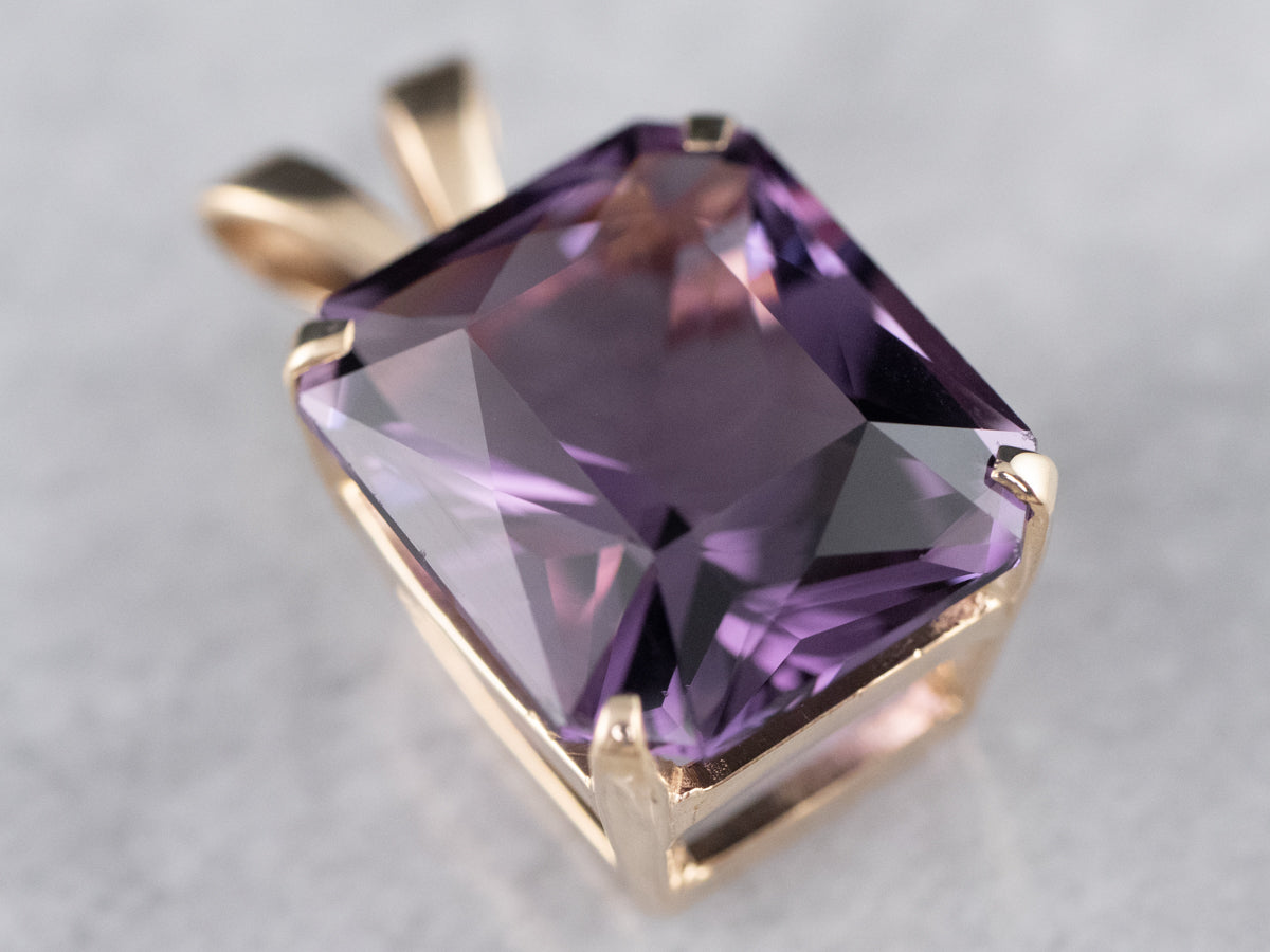 14K Yellow Gold Emerald Cut Amethyst Solitaire Pendant