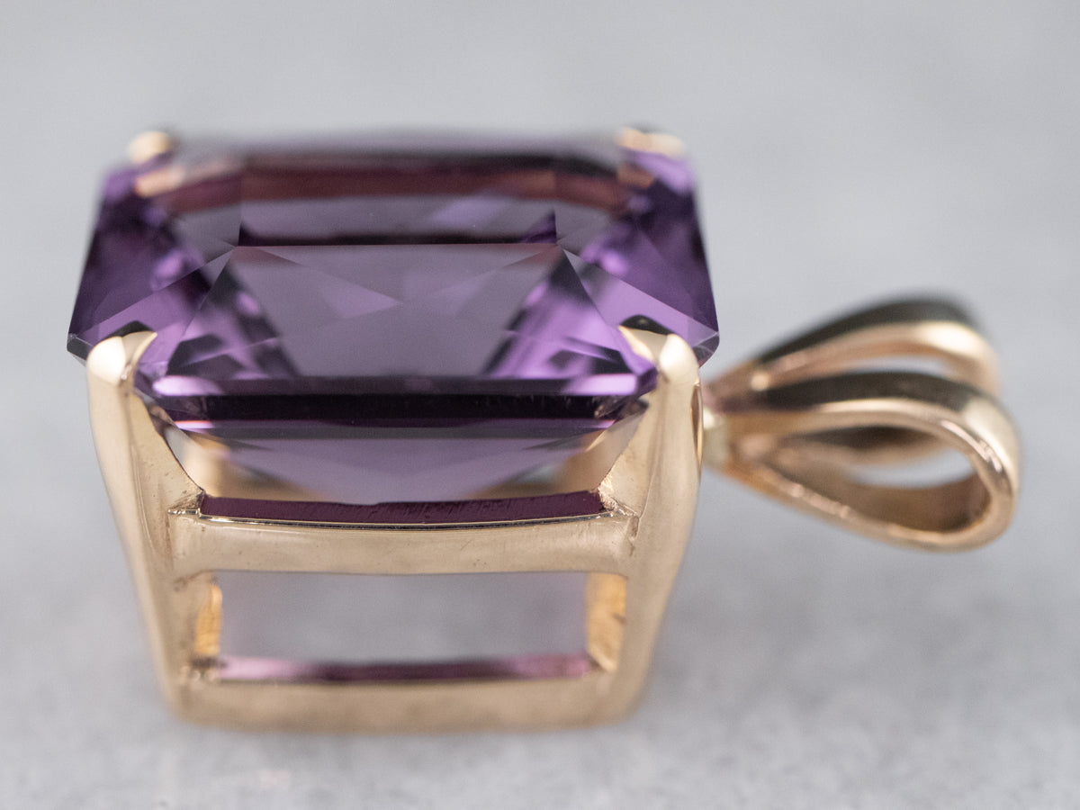 14K Yellow Gold Emerald Cut Amethyst Solitaire Pendant