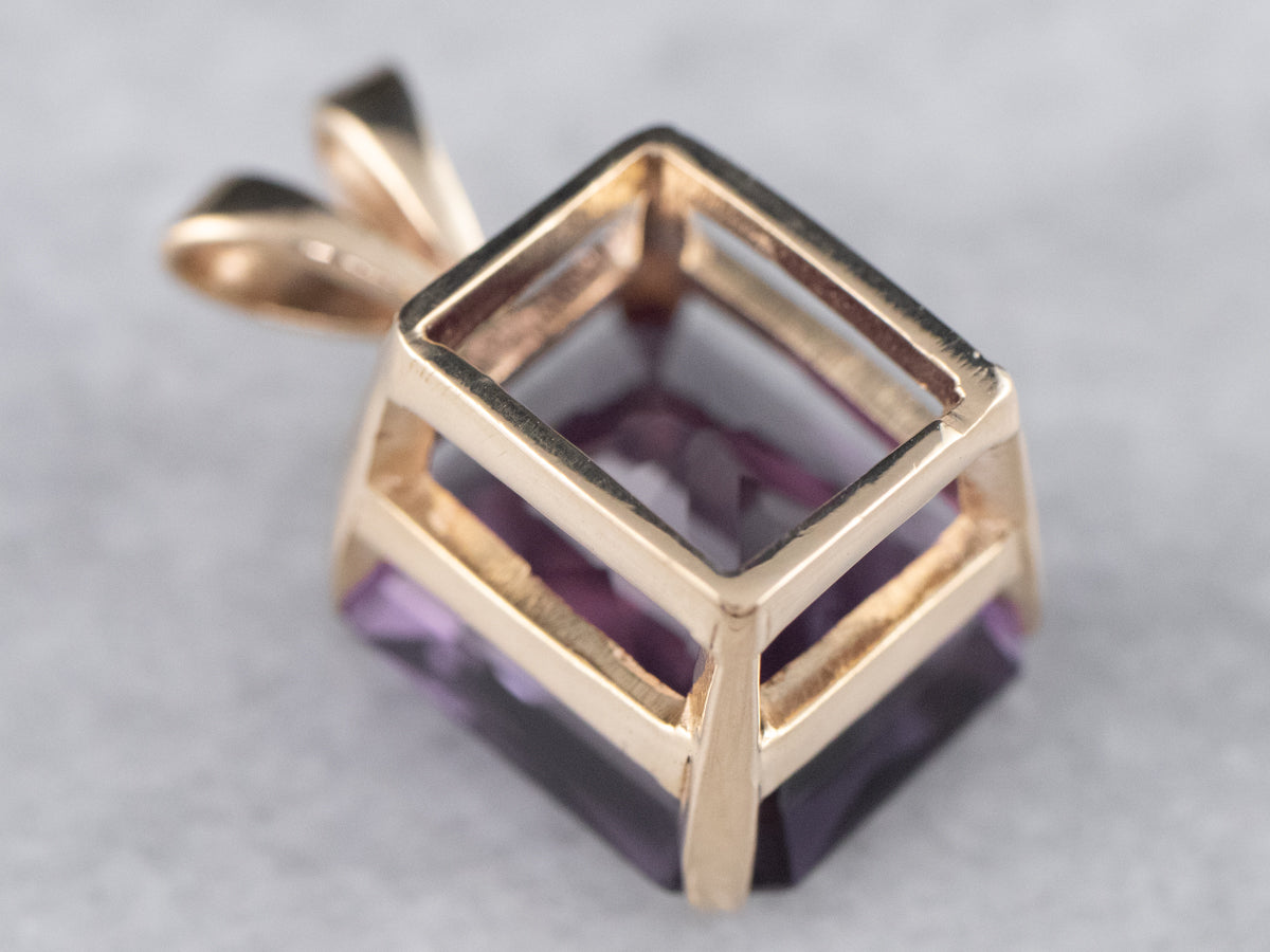 14K Yellow Gold Emerald Cut Amethyst Solitaire Pendant