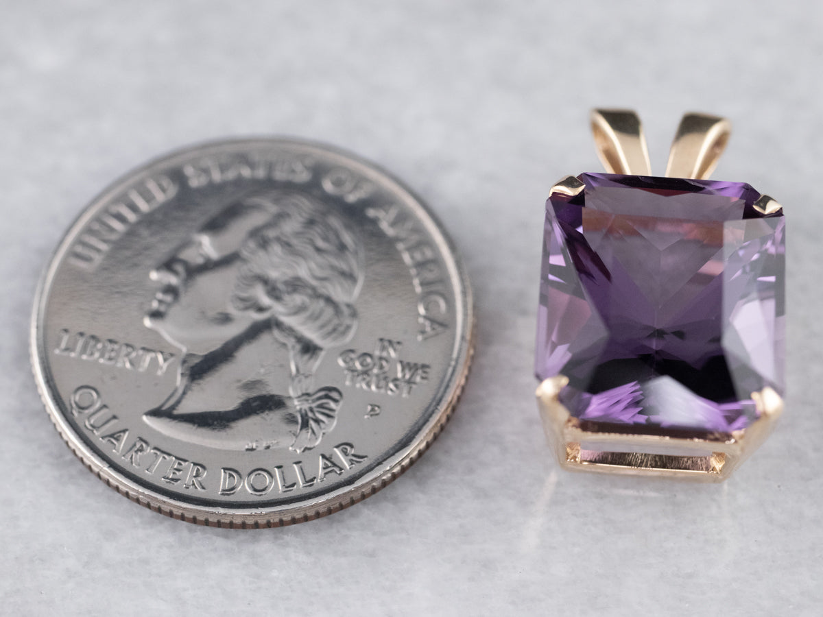 14K Yellow Gold Emerald Cut Amethyst Solitaire Pendant