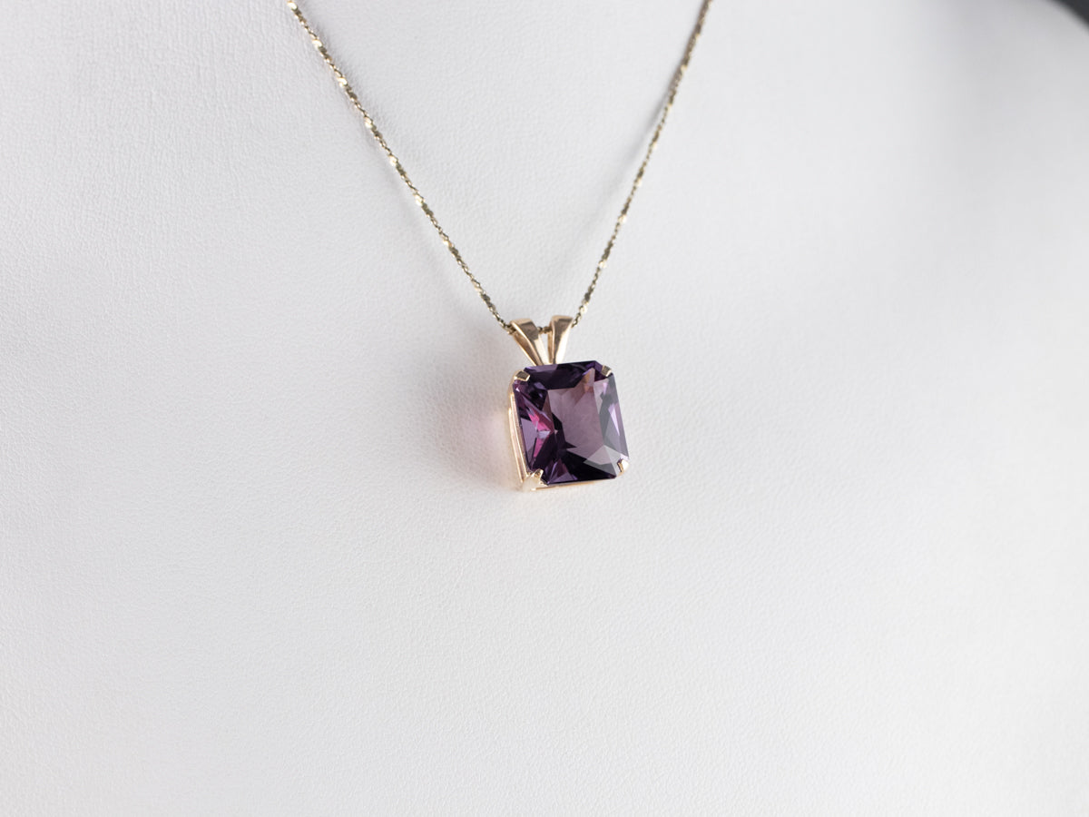 14K Yellow Gold Emerald Cut Amethyst Solitaire Pendant