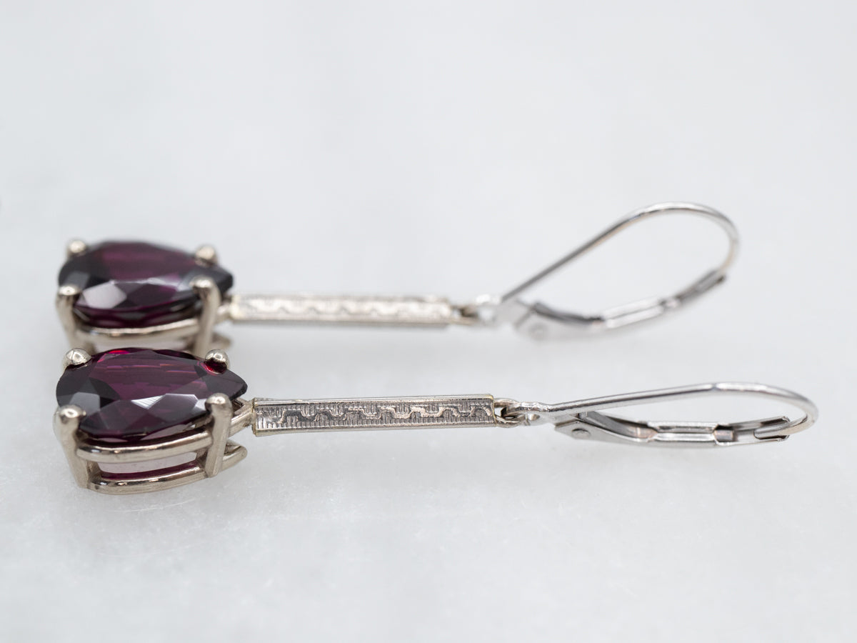 Teardrop Rhodolite Garnet Etched Bar Drop Earrings