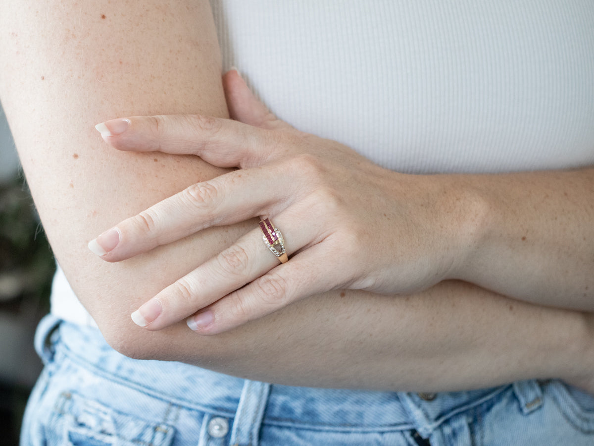 Diamond and Synthetic Ruby Belt Buckle Ring