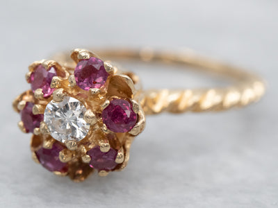 Gold Diamond and Ruby Flower Ring