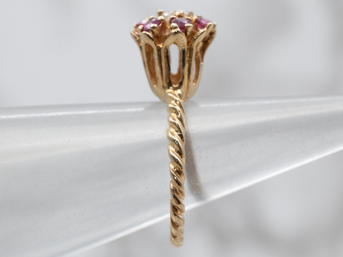 Gold Diamond and Ruby Flower Ring