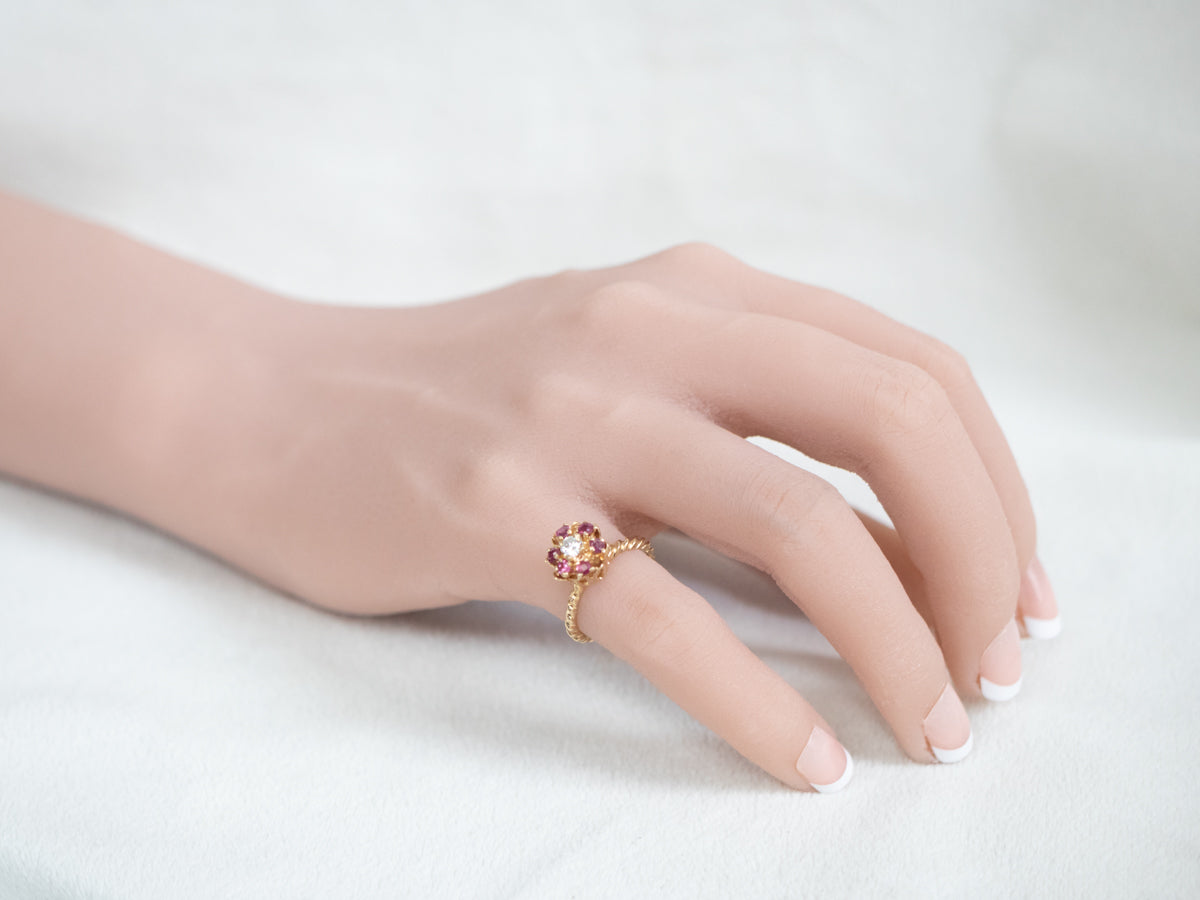 Gold Diamond and Ruby Flower Ring