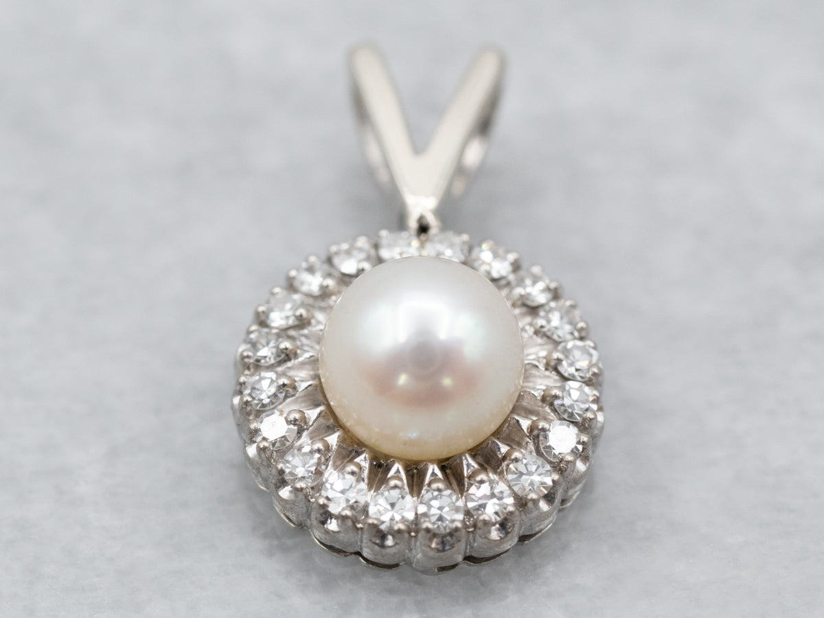White Gold Pearl and Diamond Halo Pendant