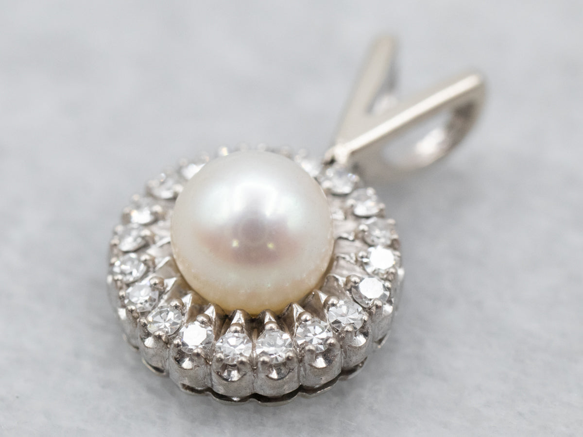 White Gold Pearl and Diamond Halo Pendant