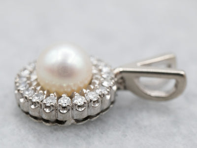 White Gold Pearl and Diamond Halo Pendant