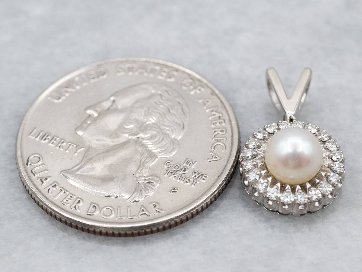 White Gold Pearl and Diamond Halo Pendant