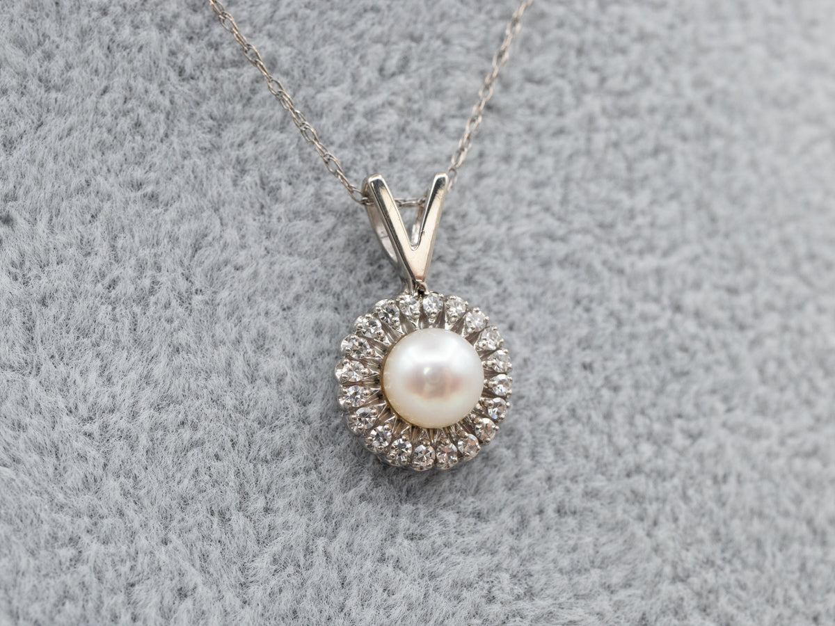 White Gold Pearl and Diamond Halo Pendant