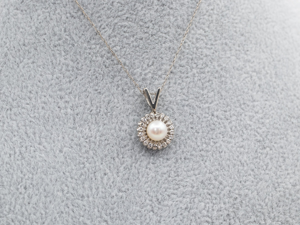 White Gold Pearl and Diamond Halo Pendant