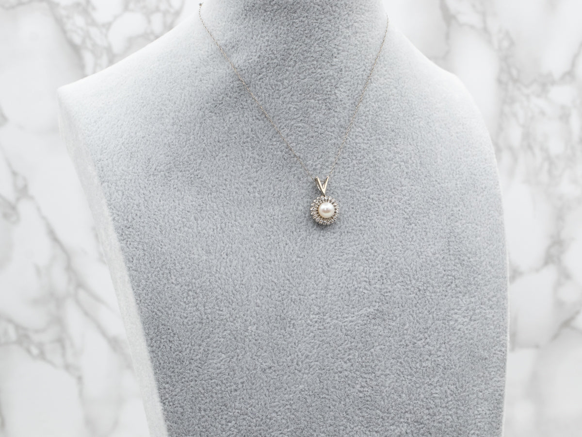White Gold Pearl and Diamond Halo Pendant