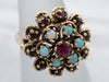 Ornate Gold Ruby Opal and Garnet Floral Halo Ring
