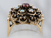Ornate Gold Ruby Opal and Garnet Floral Halo Ring