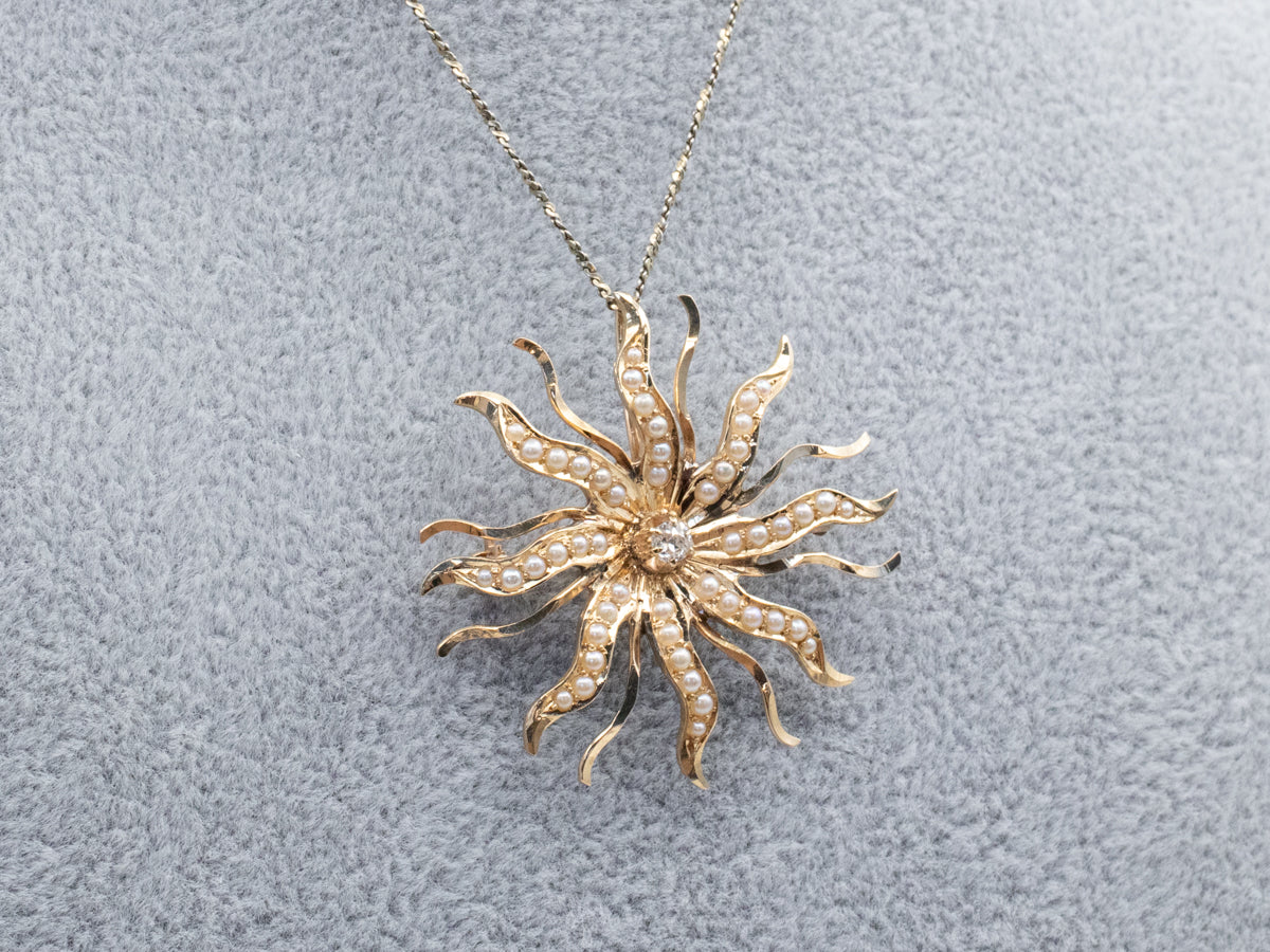 Antique Old Mine Cut Diamond and Seed Pearl Brooch