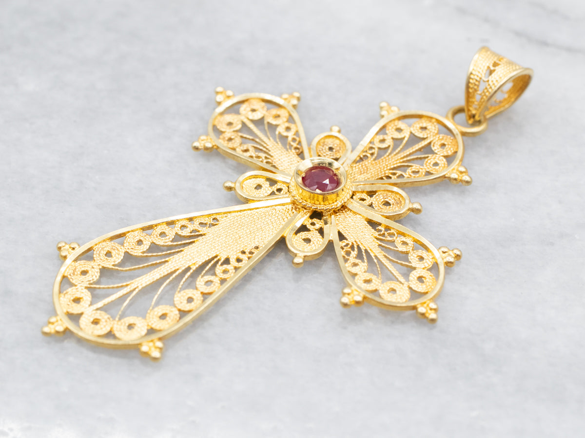 Ornate Gold Filigree and Ruby Cross