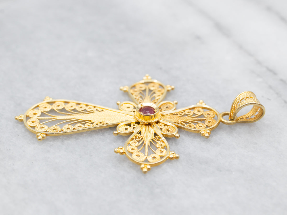 Ornate Gold Filigree and Ruby Cross