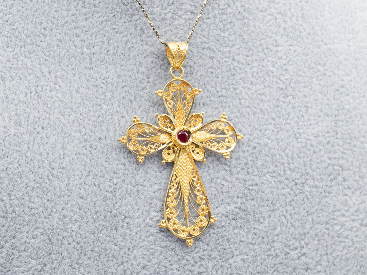 Ornate Gold Filigree and Ruby Cross