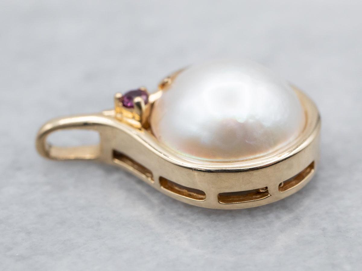 Yellow Gold Pearl and Ruby Pendant