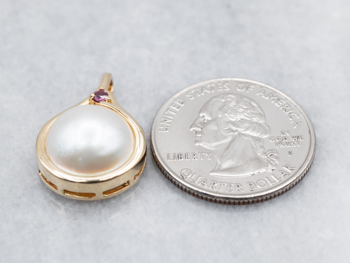 Yellow Gold Pearl and Ruby Pendant