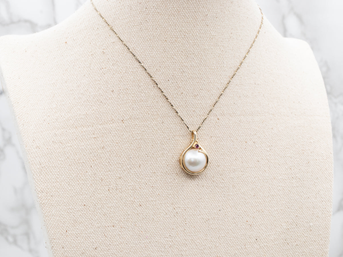 Yellow Gold Pearl and Ruby Pendant