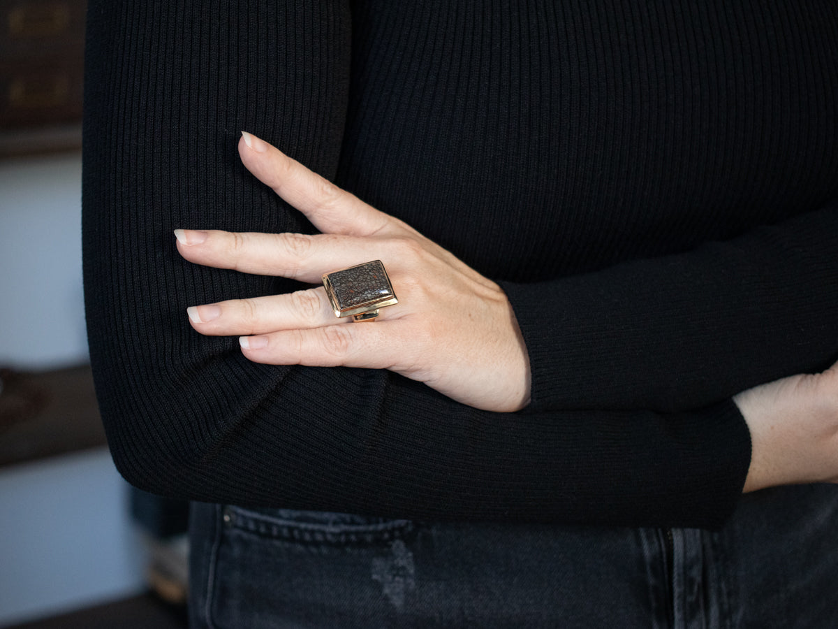 Anillo vintage con cabujón de hueso de dinosaurio para hombre