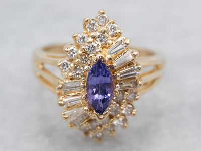 Marquise Tanzanite and Diamond Cluster Ring
