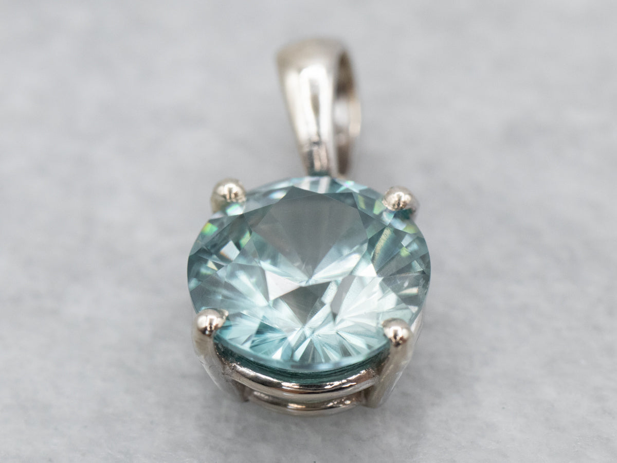 Simple Blue Zircon Solitaire Pendant in 14K White Gold