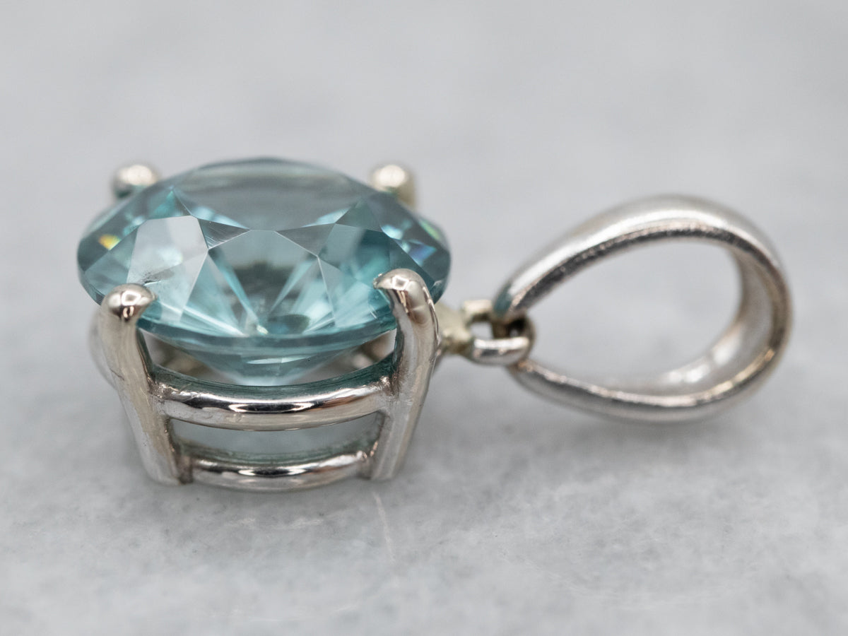 Simple Blue Zircon Solitaire Pendant in 14K White Gold