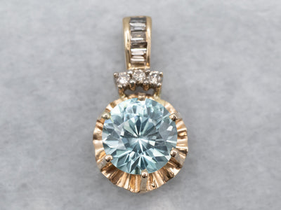 Gold Blue Zircon and Diamond Pendant