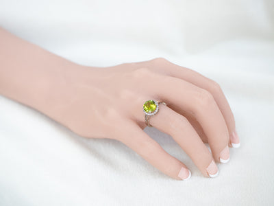 White Gold Peridot and Diamond Halo Ring