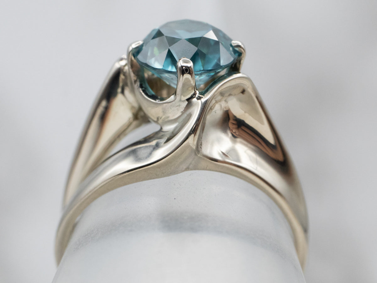 Modernist Blue Zircon Ring in White Gold