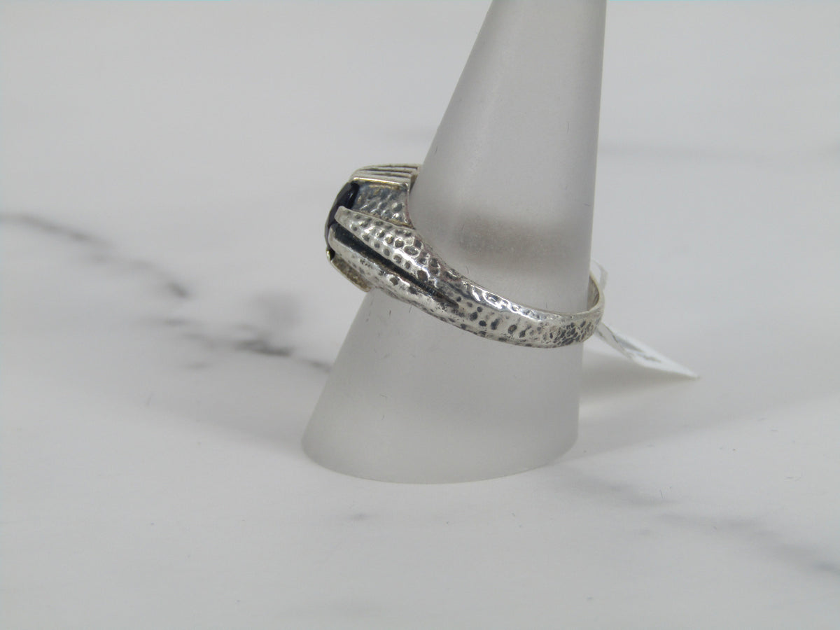 Hammered Finish Silver Ring With Amethyst Center