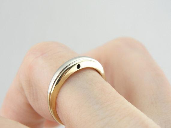 Art Carved Wedding Band with Locking Side, Two Tone Gold