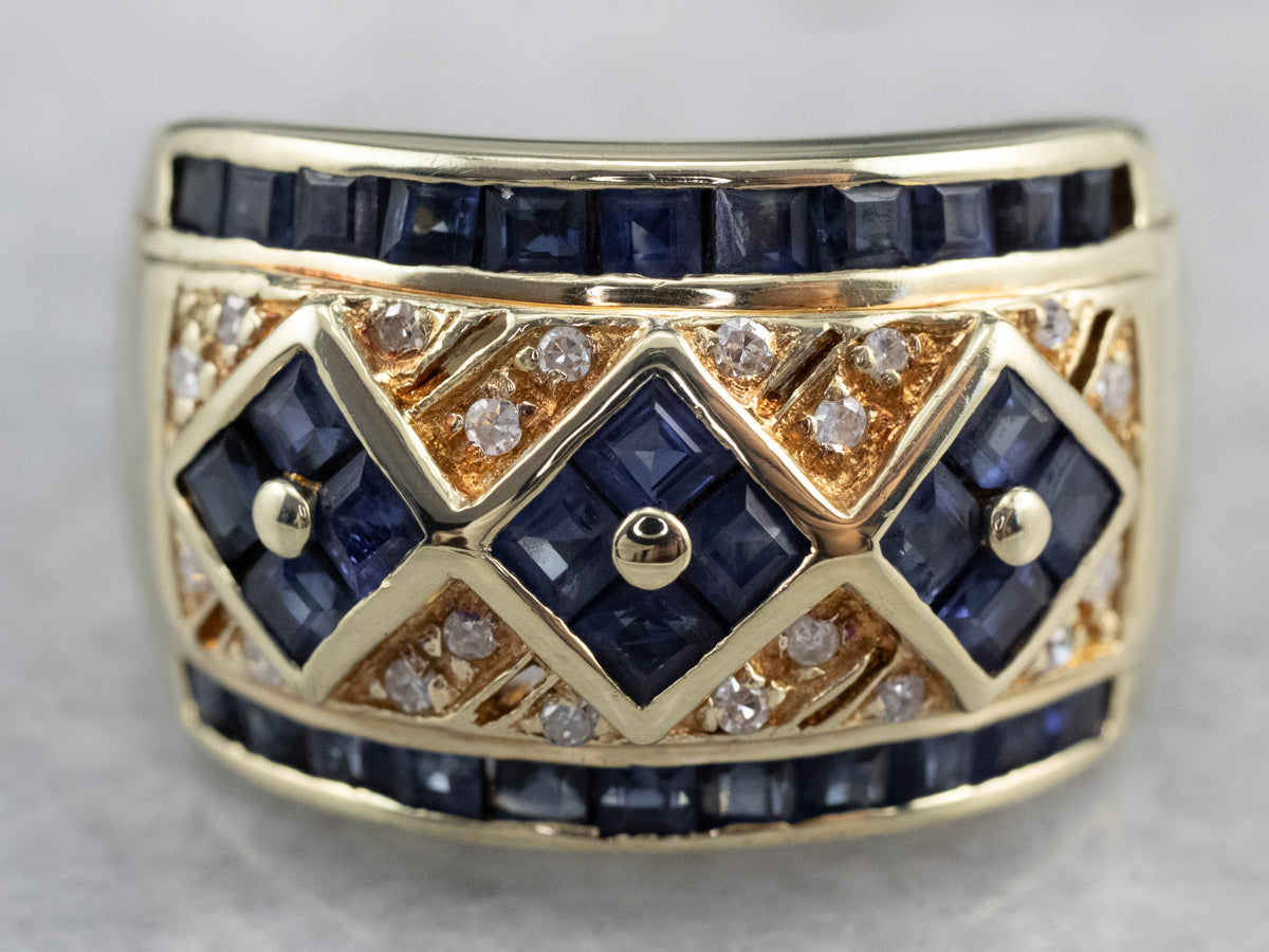 Sapphire Diamond Gold Statement Band Ring