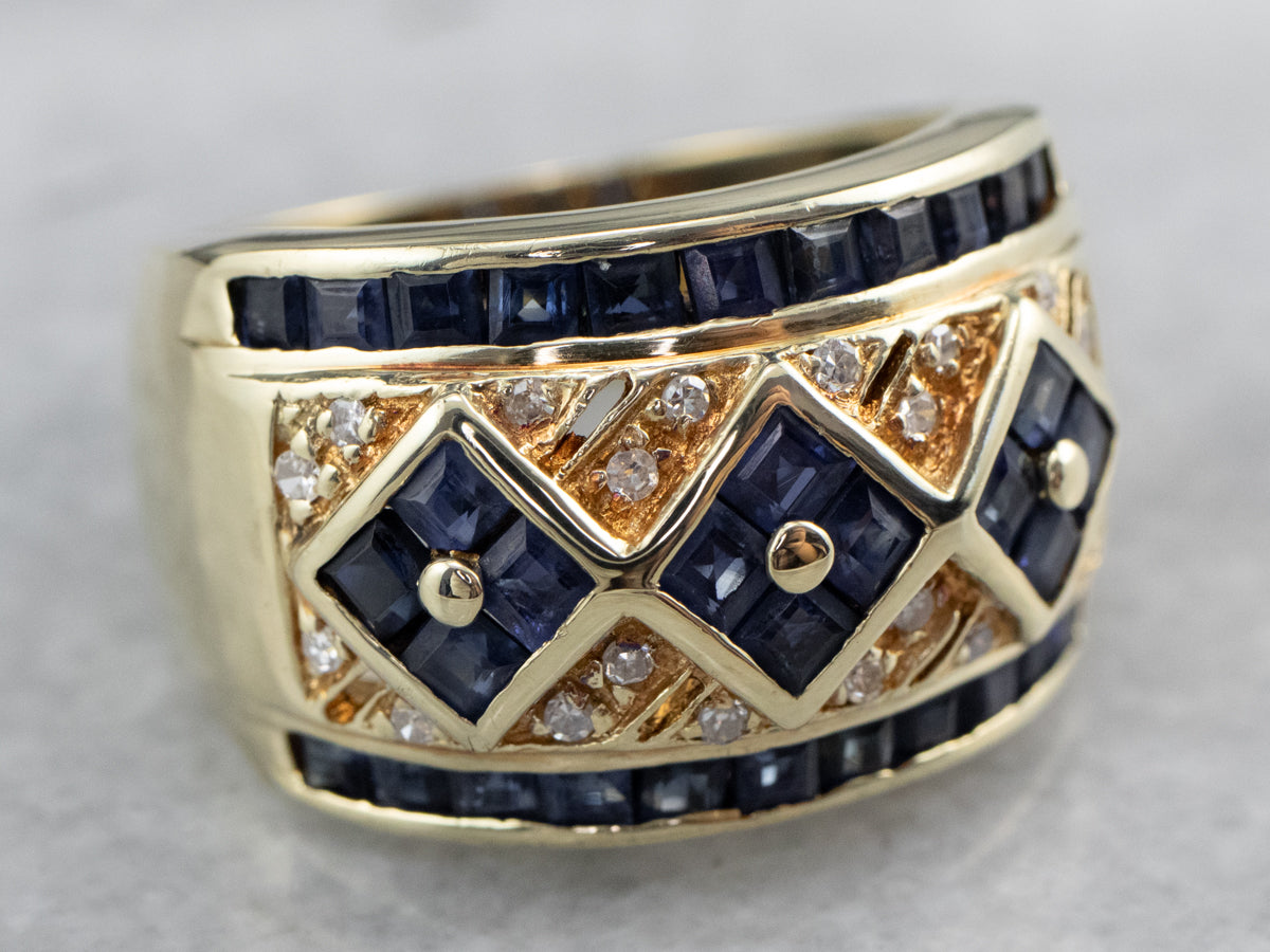 Sapphire Diamond Gold Statement Band Ring