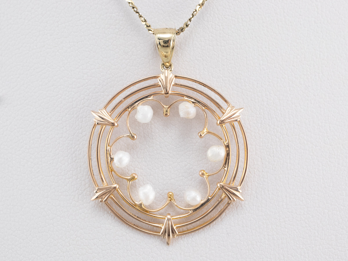 Pearl Gold Filigree Circle Pendant