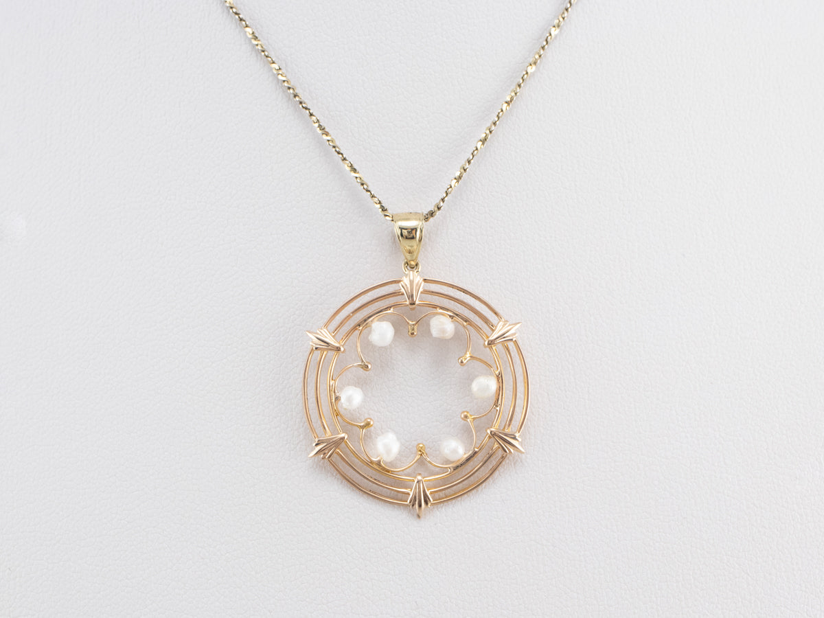 Pearl Gold Filigree Circle Pendant