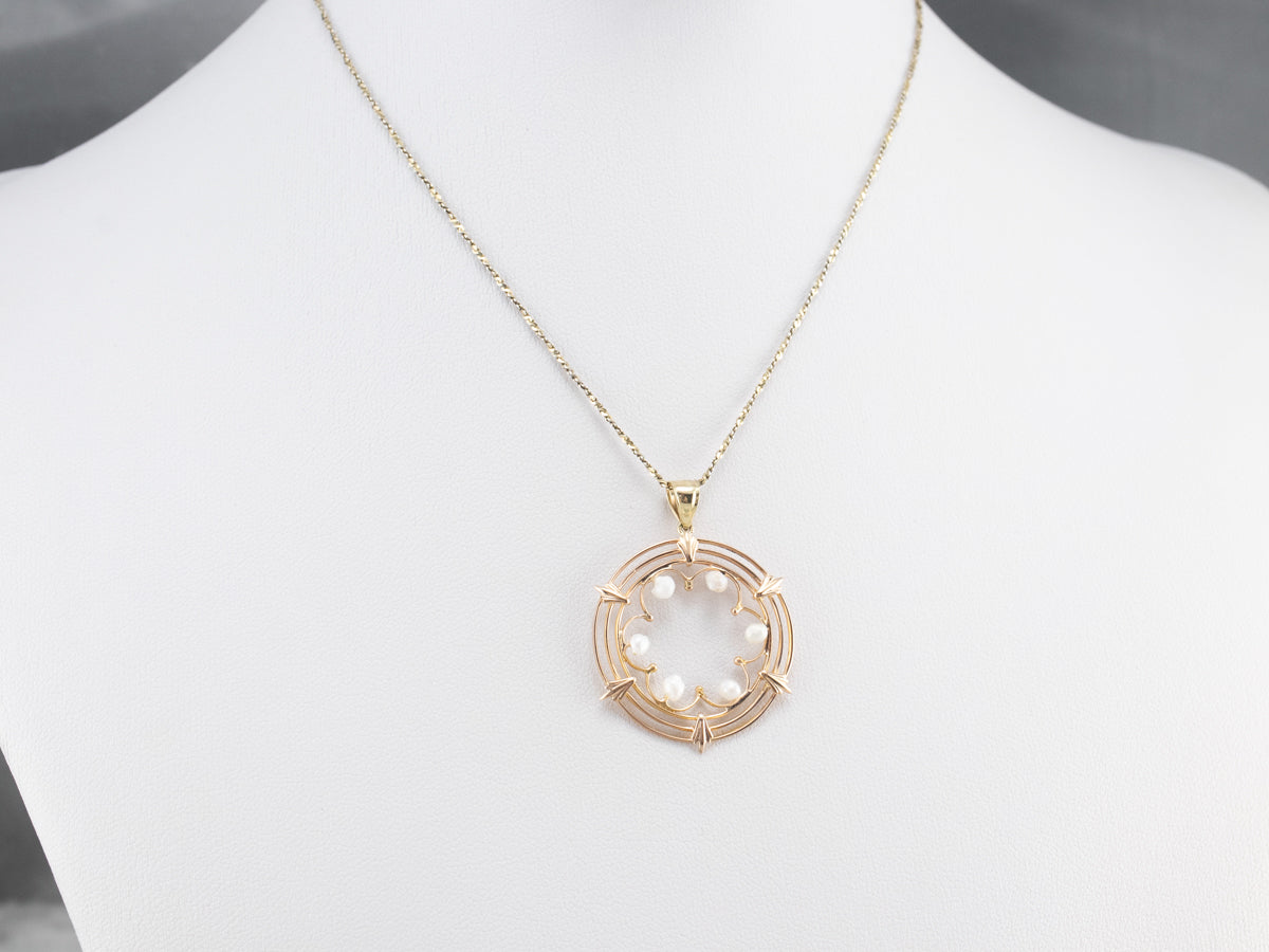Pearl Gold Filigree Circle Pendant