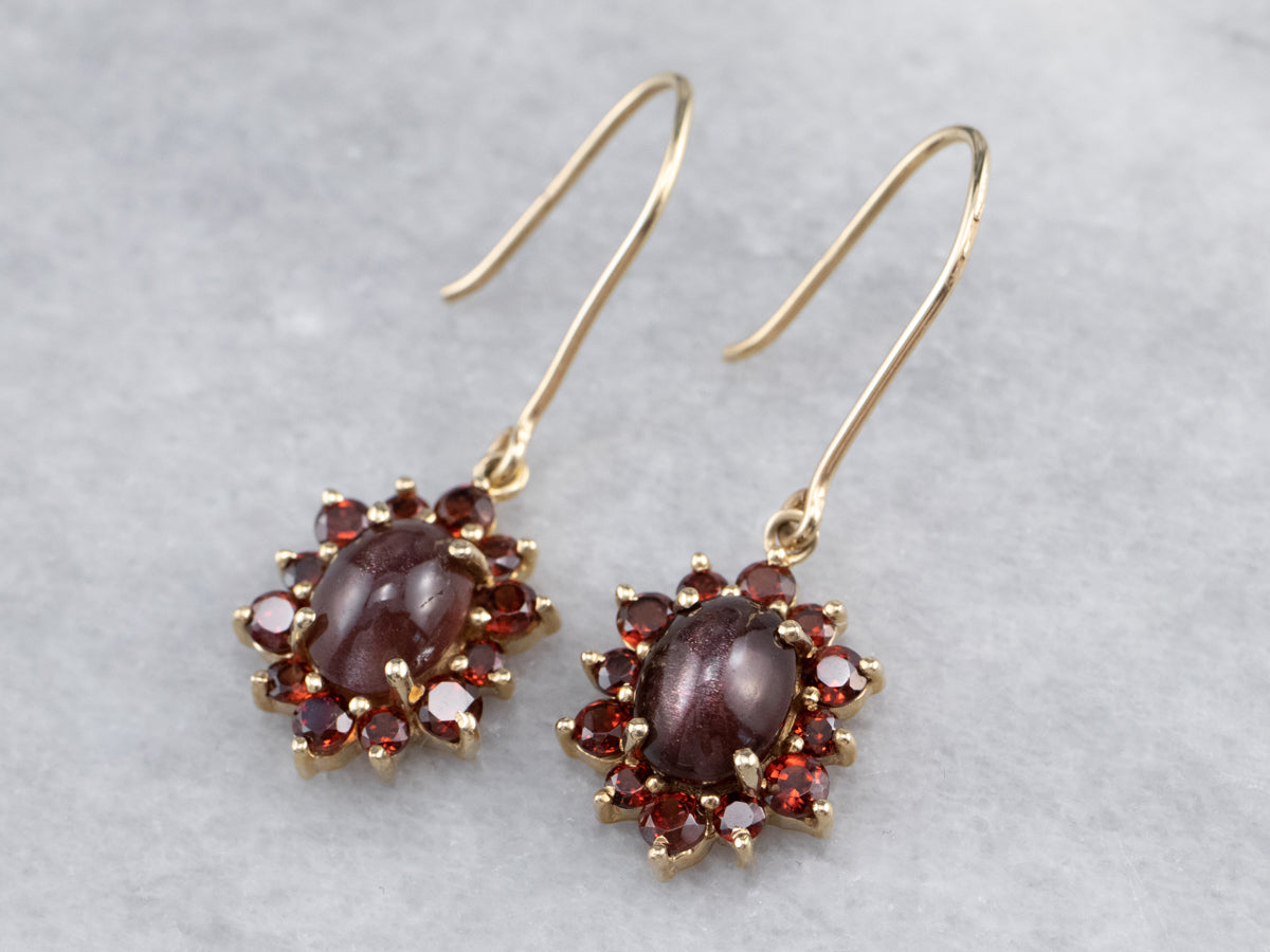 Cat's Eye Sunstone Garnet Halo Gold Drop Earrings
