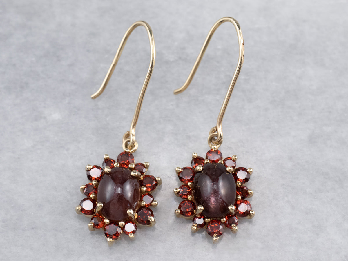 Cat's Eye Sunstone Garnet Halo Gold Drop Earrings
