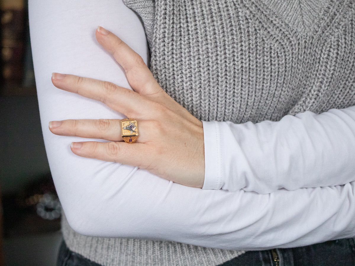 Men's Two Tone Gold and Enamel Masonic Ring